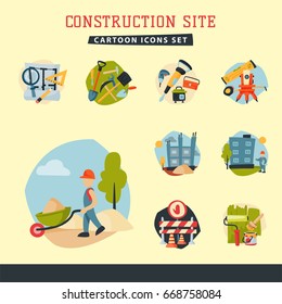 Construction site workers aerial industry equipment architecture crane building business development vector illustration.