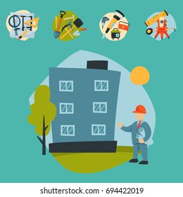Construction site workers aerial industry equipment architecture crane building business development vector illustration.