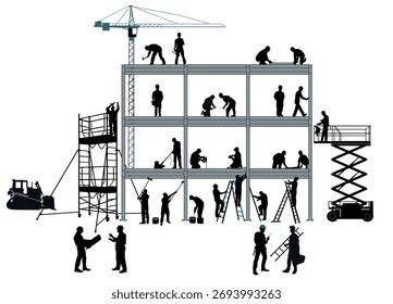 Sitio de construcción con ilustración de trabajadores de la construcción y arquitectos