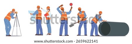 Construction site workers cartoon characters with hard hats helmets and tools in different poses providing variety building work tasks isolated set on white. Professional laborers vector illustration