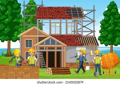 Construction site with workers illustration