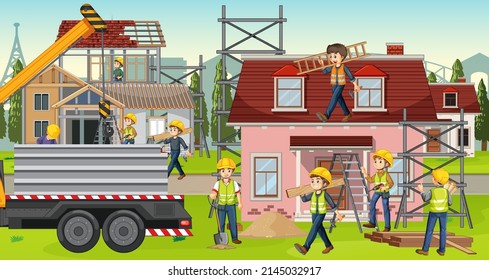 Construction site with workers illustration