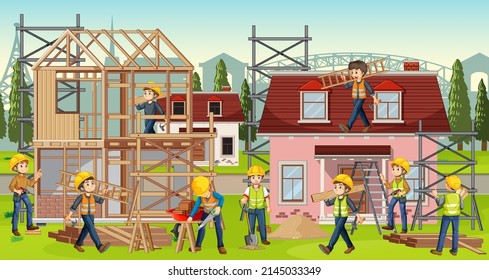 Construction site with workers illustration
