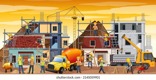 Construction site with workers illustration