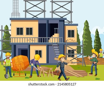 Construction site with workers illustration