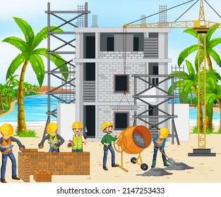 Construction site with workers illustration