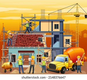 Construction site with workers illustration