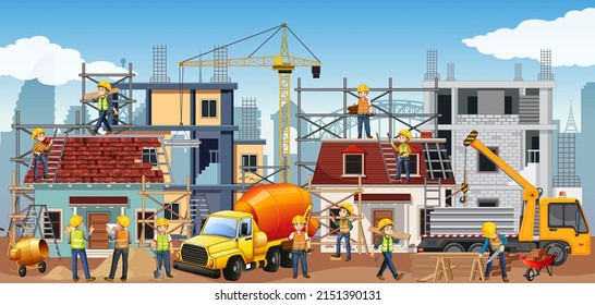 Construction site with workers illustration