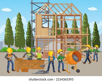 Lugar de construcción con ilustraciones de trabajadores