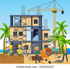 Lugar de construcción con ilustraciones de trabajadores