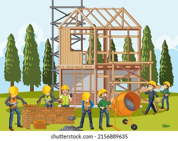 Construction site with workers illustration