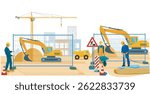 Construction site with construction workers and construction machinery, illustration