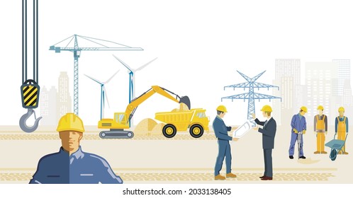 Construction site with construction workers and wind turbines and high voltage power line, illustration