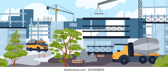 Construction site workflow. House building. Truck with industrial materials. Concrete slabs and frames in cladding process. Constructor cranes. Housing development