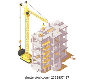 Construcción con grúa amarilla. Proceso de construcción de edificios de varias plantas usando bloques de hormigón, madera. Tecnología industrial, ingeniería de maquinaria en arquitectura. Isometric vector ilustración