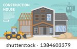 Construction site.Residential building  a brick,wooden apartment house.Construction equipment crane.Home facade garage car.Vehicles freight transportation.Flat vector.Yellow bulldozer tractor.