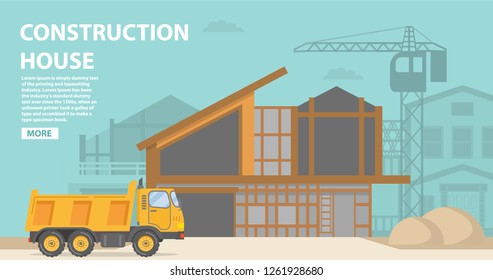 Construction site.Residential building  a brick,wooden apartment house.Construction equipment dumper truck,crane.Home facade garage car.Vehicles freight transportation.Flat vector.