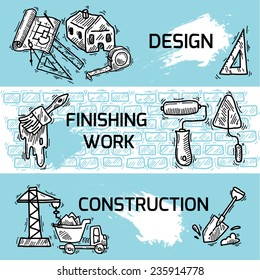Construction sketch decorative banner set with design finishing work isolated vector illustration