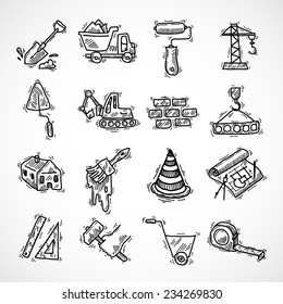 Construction sketch decorative icons set with crane truck hammer isolated vector illustration