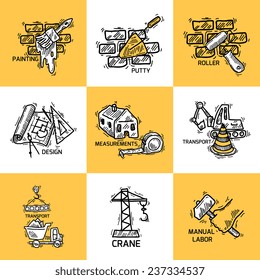 Construction sketch decorative icons set with painting putty roller isolated vector illustration