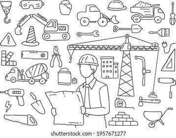 Construction sketch. Hand-drawn cartoon industry icon set. Building vector doodle. Doodle drawing. Vector illustration. Contractor suitable for infographics, websites and print Court Crime, Hand Made