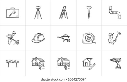 Construction sketch icon set for web, mobile and infographics. Hand drawn Construction vector icon set isolated on white background.