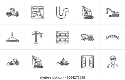Construction sketch icon set for web, mobile and infographics. Hand drawn Construction vector icon set isolated on white background.