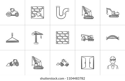 Construction sketch icon set for web, mobile and infographics. Hand drawn construction vector icon set isolated on white background.