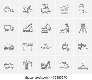 Construction sketch icon set for web, mobile and infographics. Hand drawn construction icon set. Construction vector icon set. Construction icon set isolated on white background.