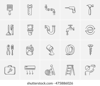 Construction sketch icon set for web, mobile and infographics. Hand drawn construction icon set. Construction vector icon set. Construction icon set isolated on white background.