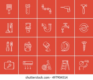 Construction sketch icon set for web, mobile and infographics. Hand drawn construction icon set. Construction vector icon set. Construction icon set isolated on red background.