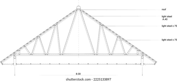 construction sketch or lightweight steel roof truss with a span of 8 meters