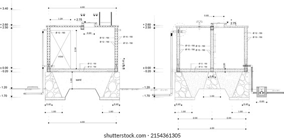 construction sketch of the water reservoir before it flows into the distribution pipe, sketch with black lines and white background and dimensions on the drawing