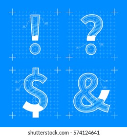 Construction sketches of special chars letters. Blueprint style font.
