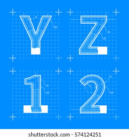 Construction Sketches Of Y Z 1 2 Letters. Blueprint Style Font On Blue.