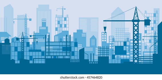 Construction Skyline, Scene, Blue Background, Site, City, Urban, Facility 