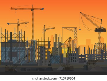 Construction Skyline under construction sunset silhouette. Web Site head of new city exterior. Vector illustration.