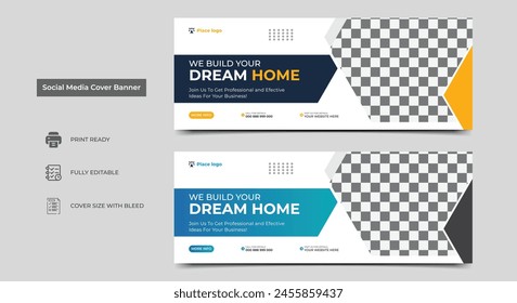 Construction social media cover banner design template. Home improvement web banner template. Dream home for sale social media cover banner template..eps
