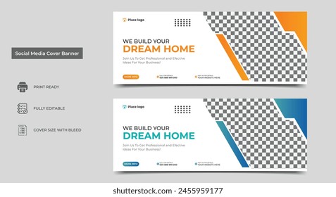 Construction social media cover banner design template. Home improvement web banner template. Dream home for sale social media cover banner template..eps

