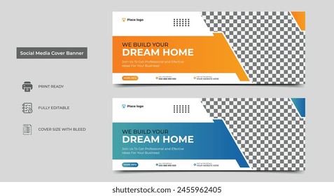 Construction social media cover banner design template. Home improvement web banner template. Dream home for sale social media cover banner template..eps
