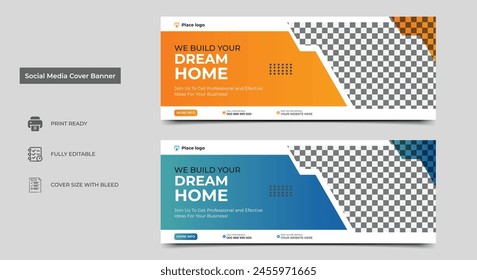 Construction social media cover banner design template. Home improvement web banner template. Dream home for sale social media cover banner template..eps
