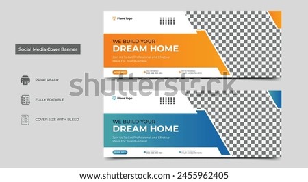 Construction social media cover banner design template. Home improvement web banner template. Dream home for sale social media cover banner template..eps
