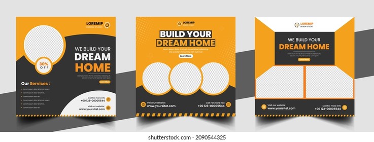 Construction social media post banner design Template with yellow color, Corporate construction tools social media post design,  home improvement banner template, home repair social media post banner.