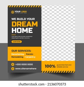 Construction social media post banner design Template with yellow color, Corporate construction tools social media post design,  home improvement banner template, home repair social media post banner.