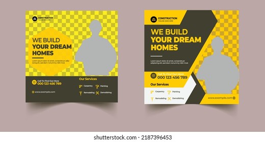 Construction social media post banner design Template with yellow color, Corporate construction tools social media post design, home improvement banner template, home repair social media post banner.