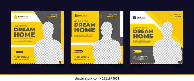 Construction social media post banner design Template with yellow color, Corporate construction tools social media post design, home improvement banner template, home repair social media post banner.
