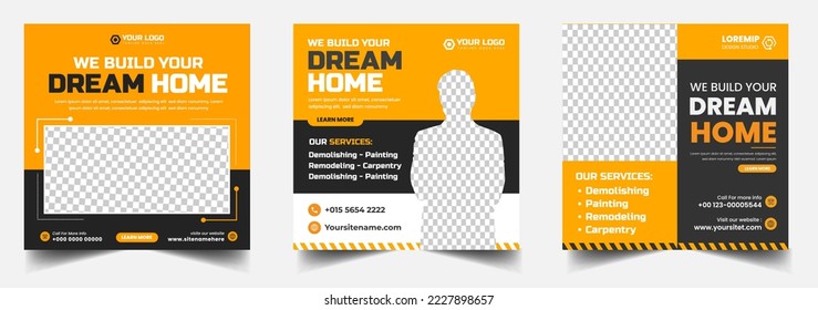 Construction social media post banner design Template with yellow color, Corporate construction tools social media post design, home improvement banner template, home repair social media post banner.