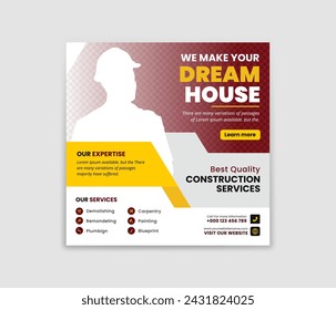 Diseño de banner de publicación de medios sociales de construcción Plantilla para servicios de renovación de casas. Agencia de construcción social media post. renovación del hogar social media post banner Plantilla.