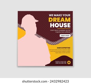 Construction social media post banner design Template for house renovation services. Construction agency social media post. home renovation social media post banner Template.