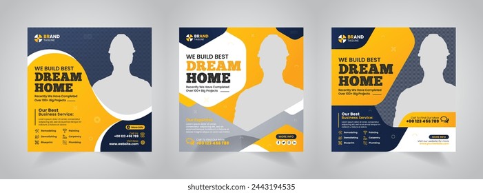 Construction social media post banner design Template for house renovation services. Construction agency social media post. home renovation social media post banner Template.